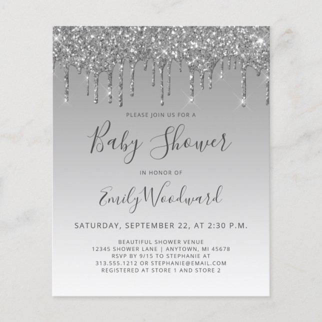 Lámina Invitación a Baby Shower del Purpurina de plata de (Anverso)