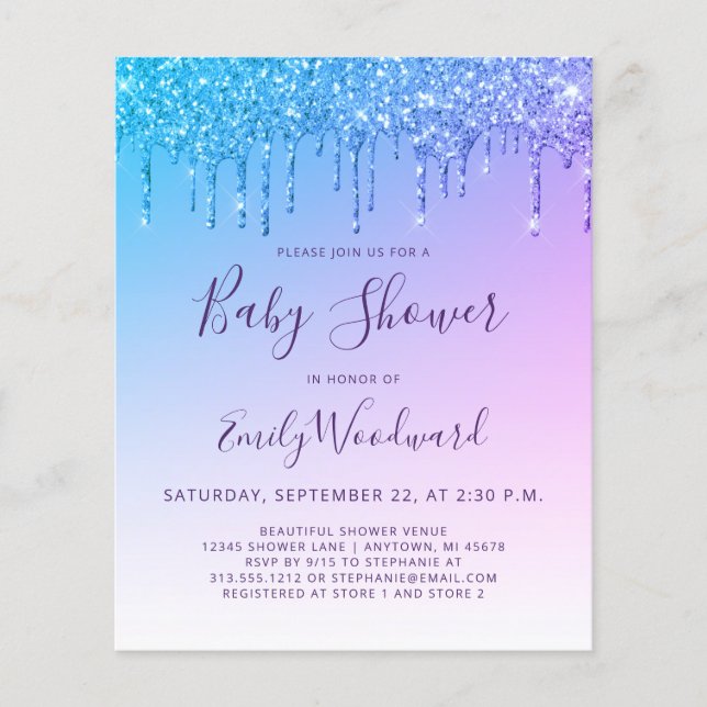 Lámina Invitación a Baby Shower del Purpurina de presupue (Anverso)