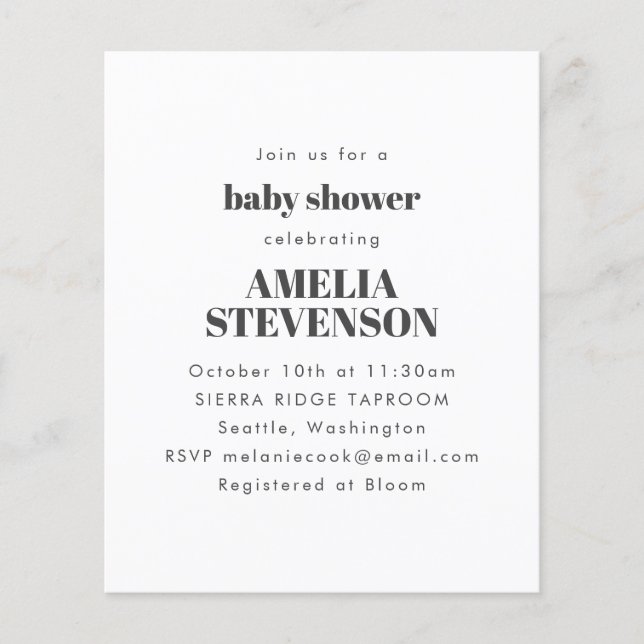 Lámina Invitación a Baby Shower Minimalista blanco de pre (Anverso)