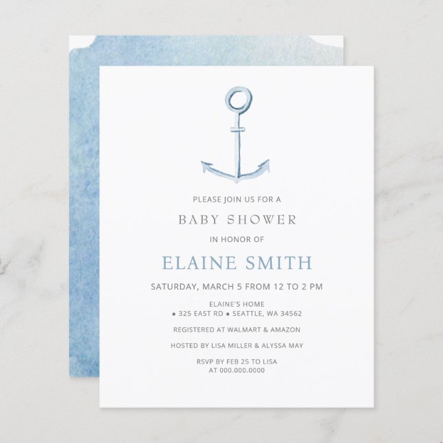 Lámina Invitación a Baby Shower Nautical Blue Anchor de p (Anverso / Reverso)