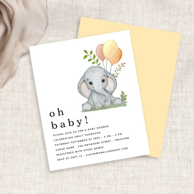 Lámina Invitación a Baby Shower neutral de género de elef (Front and back view)