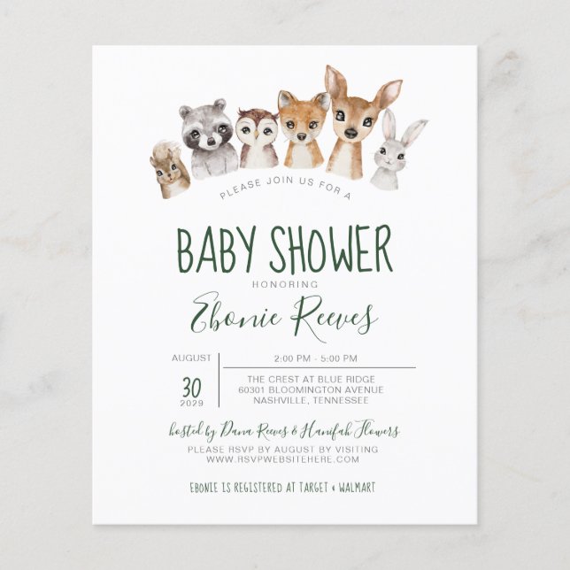 Lámina Invitación a Baby Shower para animales de Woodland (Anverso)
