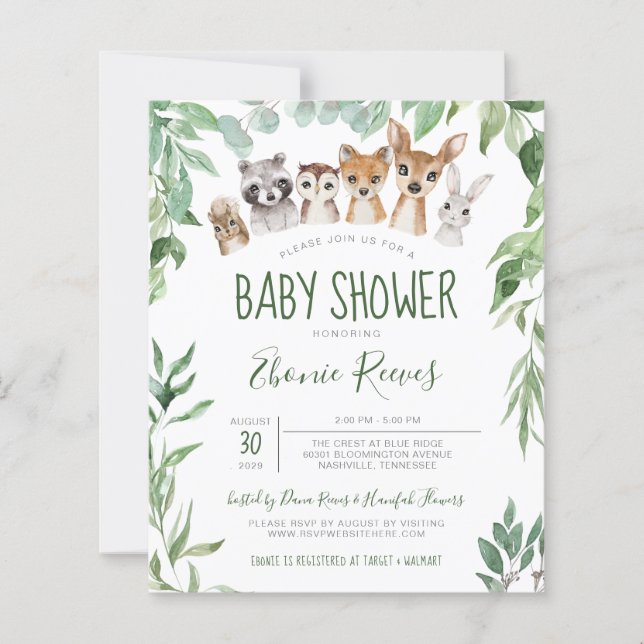 Lámina Invitación a Baby Shower para animales de Woodland (Anverso)