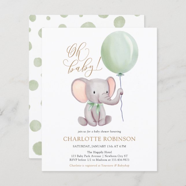 Lámina Invitación a Baby Shower para elefantes con presup (Anverso / Reverso)