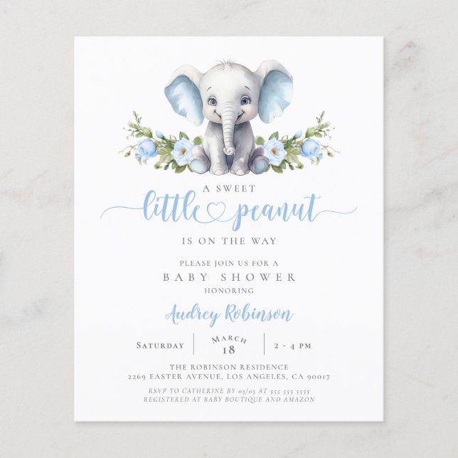 Lámina Invitación a Baby Shower para Elefantes Florales B (Anverso)