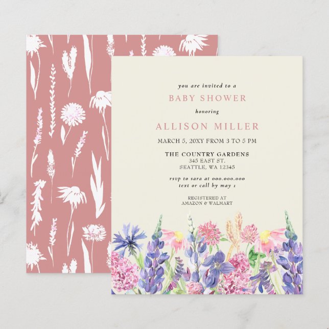 Lámina Invitación a Baby Shower para flores silvestres de (Anverso / Reverso)