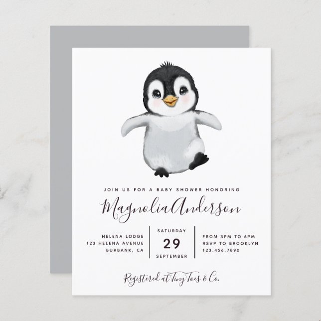 Lámina Invitación a Baby Shower pingüino con recorte pres (Anverso / Reverso)