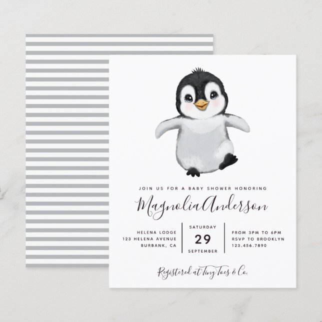 Lámina Invitación a Baby Shower pingüino con recorte pres (Anverso / Reverso)