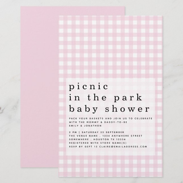 Lámina Invitación a Baby Shower Pink Gingham de Budget Pi (Anverso / Reverso)