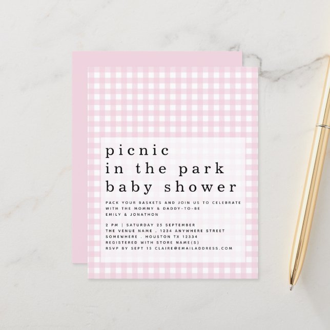 Lámina Invitación a Baby Shower Pink Gingham de Budget Pi (Anverso/Reverso In Situ)