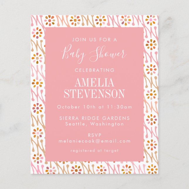 Lámina Invitación a Baby Shower rosa del Rosa floral Boho (Anverso)