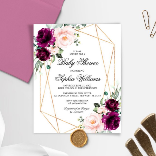 Lámina Invitación a Baby Shower rosa púrpura y Rubor de p (Subido por el creador)