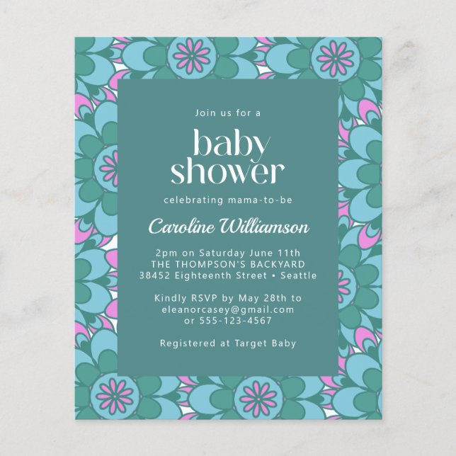 Lámina Invitación a Baby Shower verde de Groovy Flower Bo (Anverso)