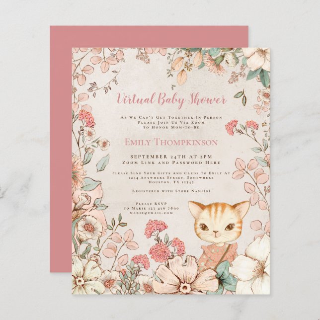 Lámina Invitación a Baby Shower virtual de Chica de gatos (Anverso / Reverso)