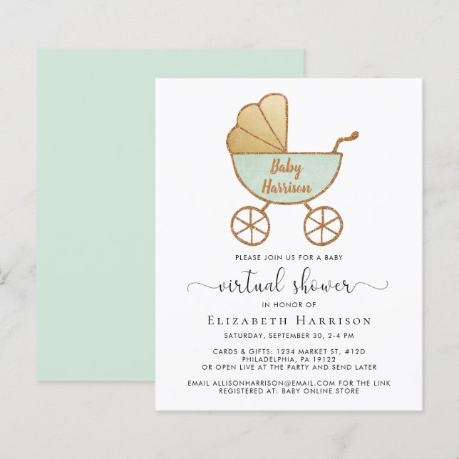 Lámina Invitación a Baby Shower virtual verde de la Fábri (Anverso / Reverso)