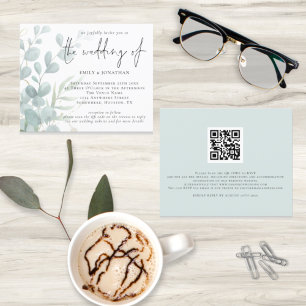 Lámina Invitación a boda de código QR azul de eucalipto d