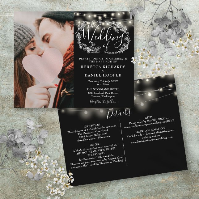 Lámina Invitación a Boda de fotos con luces de cadena de  (Budget String Lights Photo Wedding Details Invite)