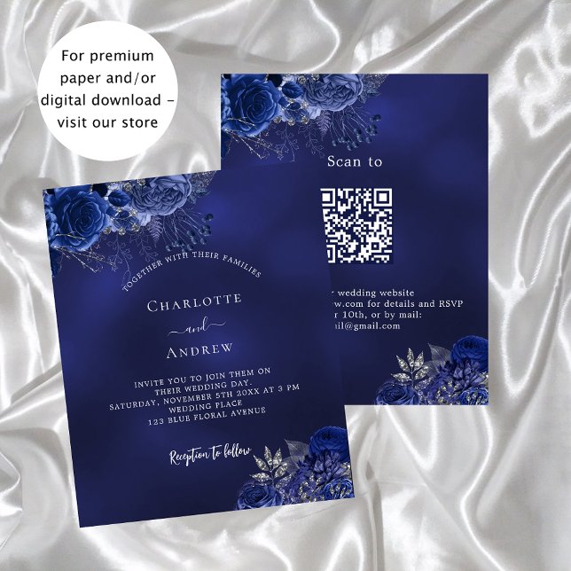 Lámina Invitación a boda de presupuesto QR RSVP floral az (Subido por el creador)