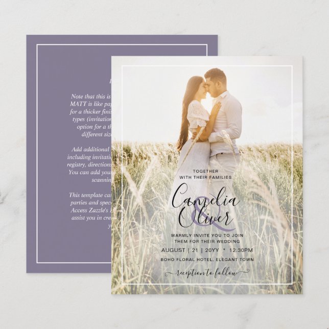 Lámina Invitación a boda de repostaje de foto púrpura par (Anverso / Reverso)