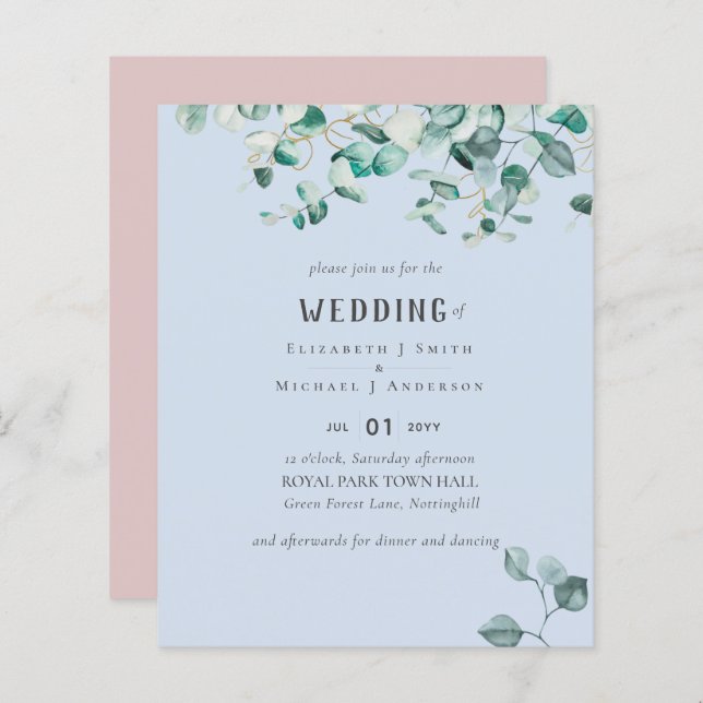 Lámina Invitación a BODA Dusty Blue Pink Eucalyptus (Anverso / Reverso)