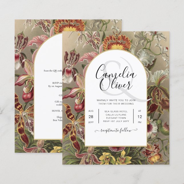 Lámina Invitación a bodas con flores de borgoña botánica  (Anverso / Reverso)