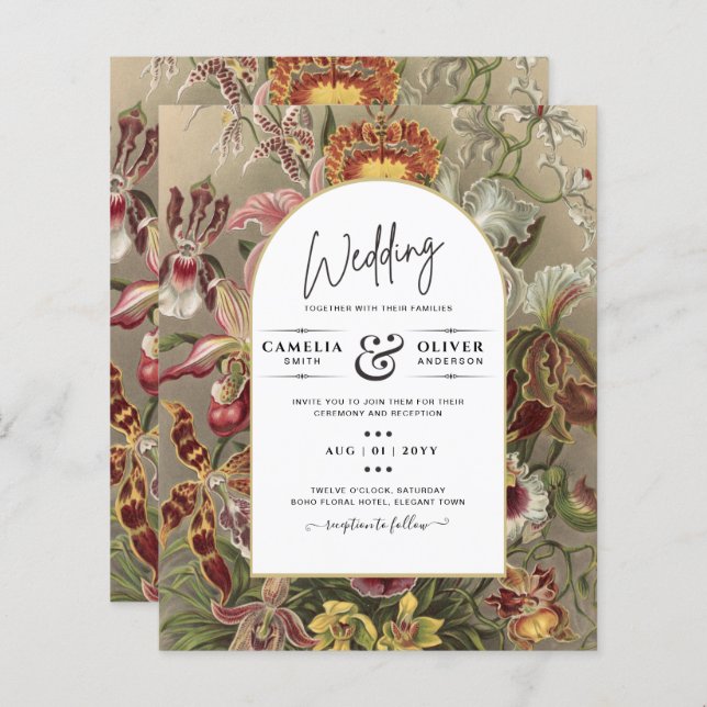 Lámina Invitación a bodas con flores de borgoña botánica  (Anverso / Reverso)