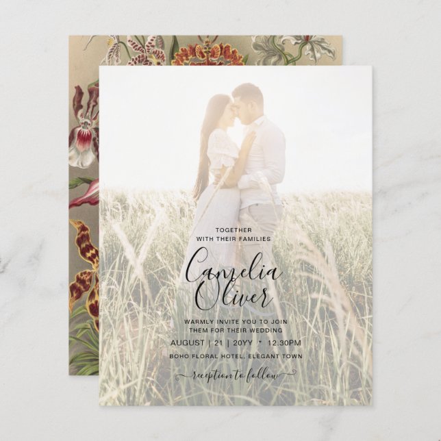 Lámina Invitación a bodas con flores de borgoña botánica  (Anverso / Reverso)