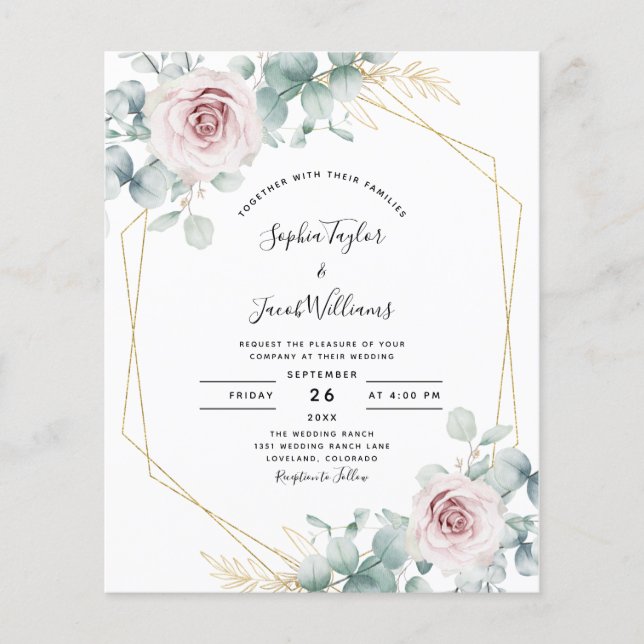Lámina Invitación a bodas de eucalipto floral rosado de p (Anverso)