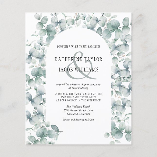 Lámina Invitación a bodas de foliar de eucalipto de presu (Anverso)
