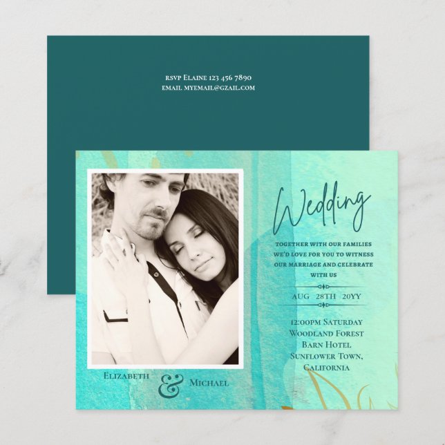 Lámina Invitación a bodas de fotos de resumen Verde azula (Anverso / Reverso)