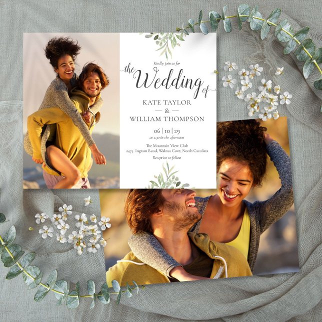 Lámina Invitación a Bodas de guiones de verde de presupue (Budget Greenery Script Wedding Photos Invitation)