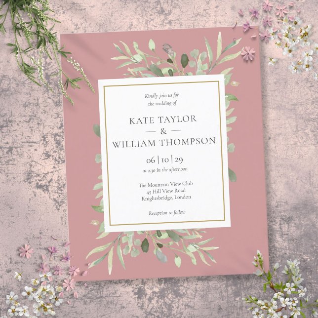 Lámina Invitación a bodas de Rosa de verde con polvo de p (Budget Dusty Rose Greenery Wedding Invitation)