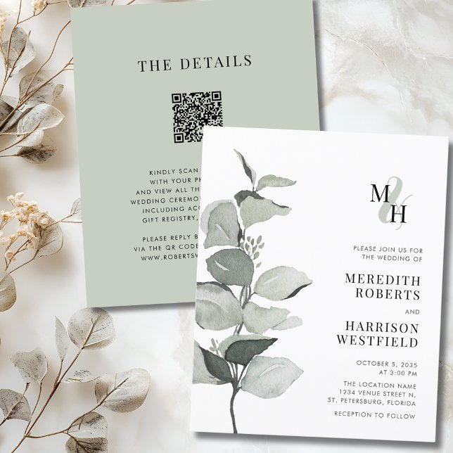 Lámina Invitación a bodas en monograma de eucalipto de pr (Budget Eucalyptus Ampersand Monogram QR Code Wedding Invitation)