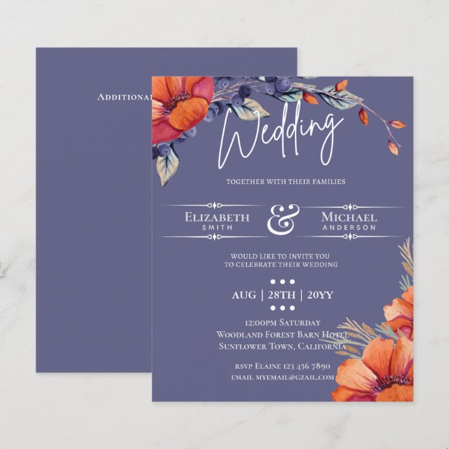 Lámina Invitación a bodas florales de Naranja Lavender (Anverso / Reverso)