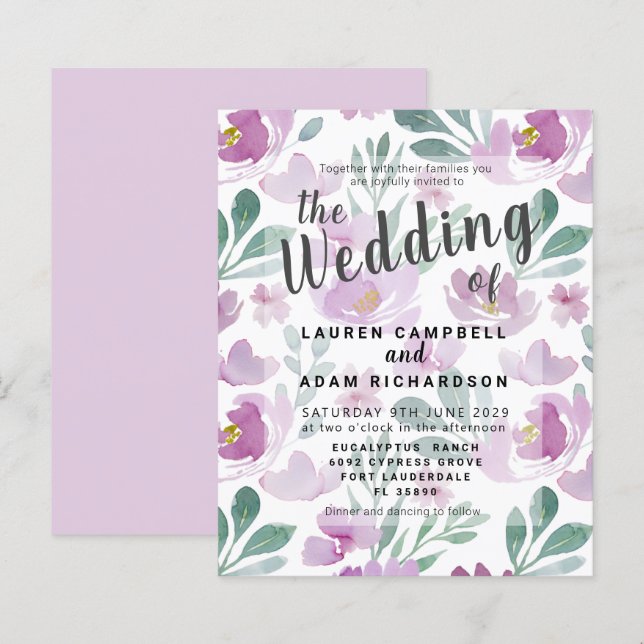 Lámina Invitación a Boho Purple Floral Wedding (Anverso / Reverso)