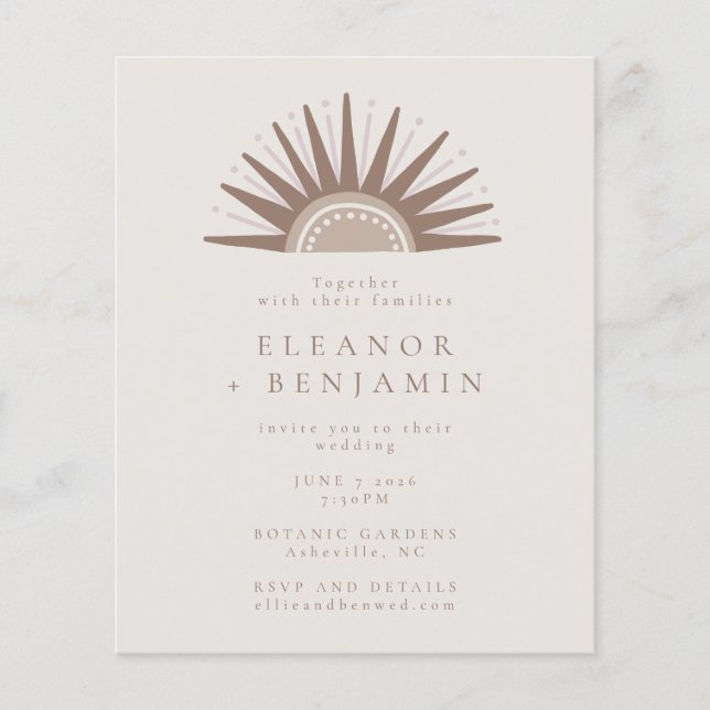Lámina Invitación a Boho Sun Taupe para una boda de presu (Anverso)