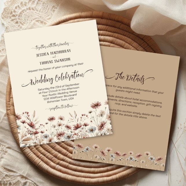 Lámina Invitación a Boho Wildflowers BUDGET Wedding con d (Front/Back)