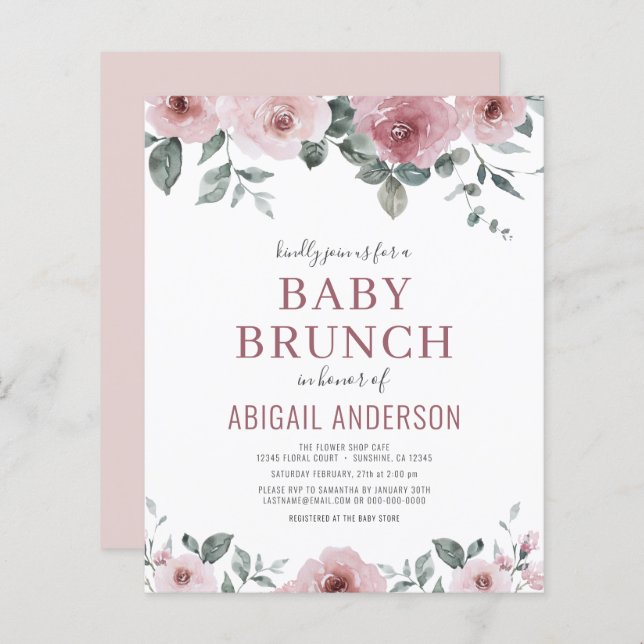 Lámina Invitación a brunch de bebé floral Rosa con polvo  (Anverso / Reverso)