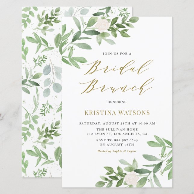 Lámina Invitación a brunch de novias con flores blancas y (Anverso / Reverso)