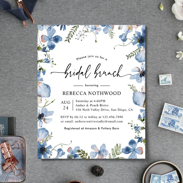 Lámina Invitación a brunch de novias Dusty Blue Florals (Subido por el creador)