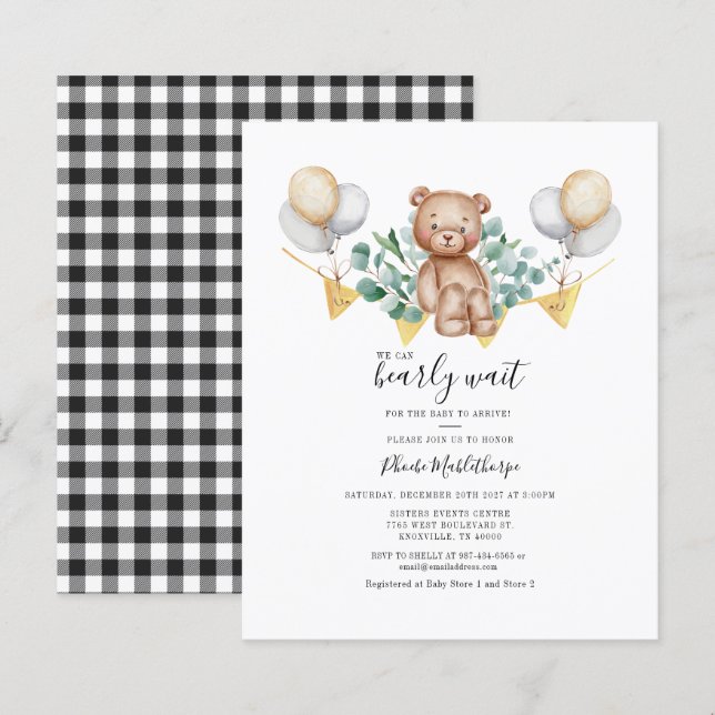Lámina Invitación a Budget Gingham Baby Shower Eucalyptus (Anverso / Reverso)