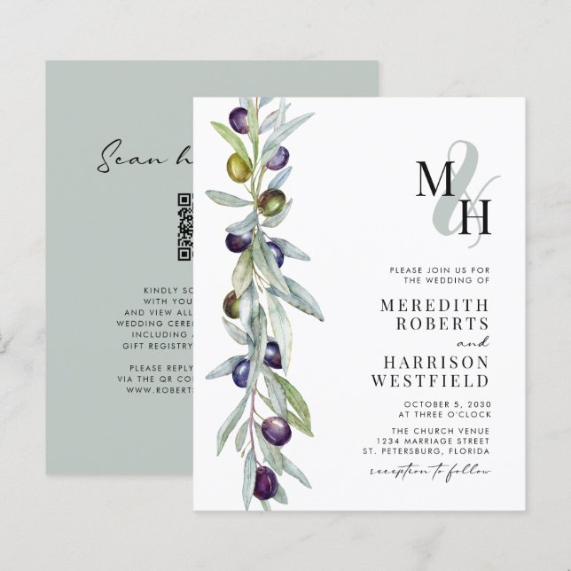 Lámina Invitación a casamiento de ramas de oliva de presu (Anverso / Reverso)