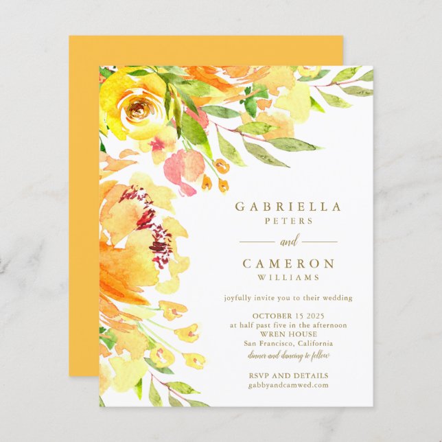 Lámina Invitación a casar con flores amarillas de presupu (Anverso / Reverso)