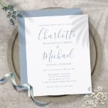 Lámina Invitación a casar con guiones azules y ruidosos d<br><div class="desc">Con nombres de estilo característico,  esta elegante invitación a una boda azul polvorienta con presupuesto puede ser personalizada con su información en letras de moda. Diseñado por Thisisnotme©</div>