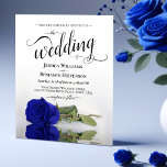 Lámina Invitación a casar con un simple Rosa azul<br><div class="desc">Esta sencilla pero hermosa invitación a una boda económica presenta un diseño elegante con un único rosa de color azul real o cobalto de tallo largo y una elegante caligrafía de escritura. Con un precio asequible,  esta invitación es la solución perfecta para elegancia y gracia sin quebrar el banco.</div>