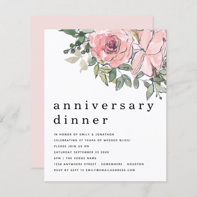 Lámina Invitación a cenar el aniversario floral rosado de (Anverso / Reverso)