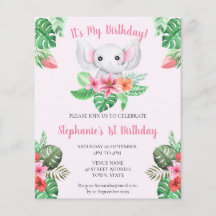 Invitación a Chica de Elefante Rosa de Primer Cump