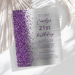 Lámina Invitación a cumpleaños 21 de Budget Purple Silver<br><div class="desc">El borde izquierdo de esta moderna invitación a la fiesta de cumpleaños incluye un borde falso purpurina morado. El texto del personalizable combina el guión púrpura y las fuentes sans serif en un fondo metalizado de imitación plateado. El reverso presenta un diseño similar.</div>