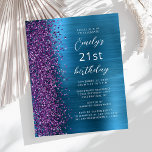 Lámina Invitación a cumpleaños 21 de Budget Purple Verde<br><div class="desc">El borde izquierdo de esta moderna invitación a la fiesta de cumpleaños incluye un borde falso purpurina morado. El texto de personalizable combina guiones blancos y sans serif en un fondo metalizado verde azulado de imitación azul. El reverso presenta un diseño similar.</div>