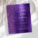 Lámina Invitación a cumpleaños 21 Purpurina de Glamur Púr<br><div class="desc">El borde izquierdo de esta moderna invitación a la fiesta de cumpleaños incluye un borde falso purpurina morado. El texto de personalizable combina guiones blancos y sans serif en un fondo metalizado morado falso. El reverso presenta un diseño similar.</div>